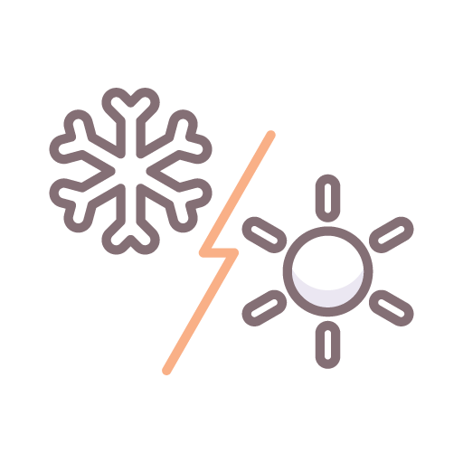Icône associant un flocon de neige et un soleil séparés par un éclair, symbole de la climatisation réversible et de la pompe à chaleur